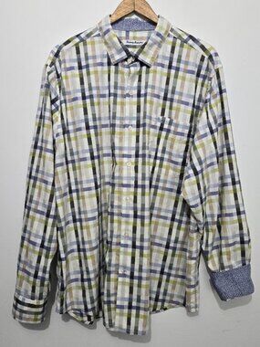 Tommy Bahama Mens Contrast Cuff Plaid Pima Blend Button Up Shirt Size XL Preppy